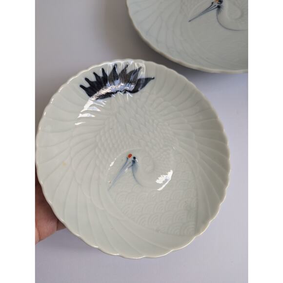 Red Crowned Crane Japanese Celadon Porcelain Early 20th Century Vintage Plates - Picture 16 of 16